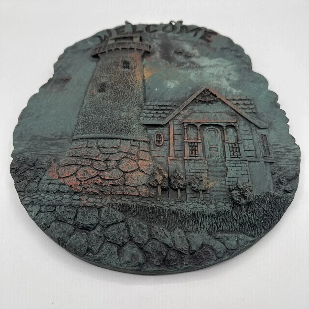 Vintage Welcome Lighthouse Wall Plaque Nautical Coastal Resin Verdigris Decor